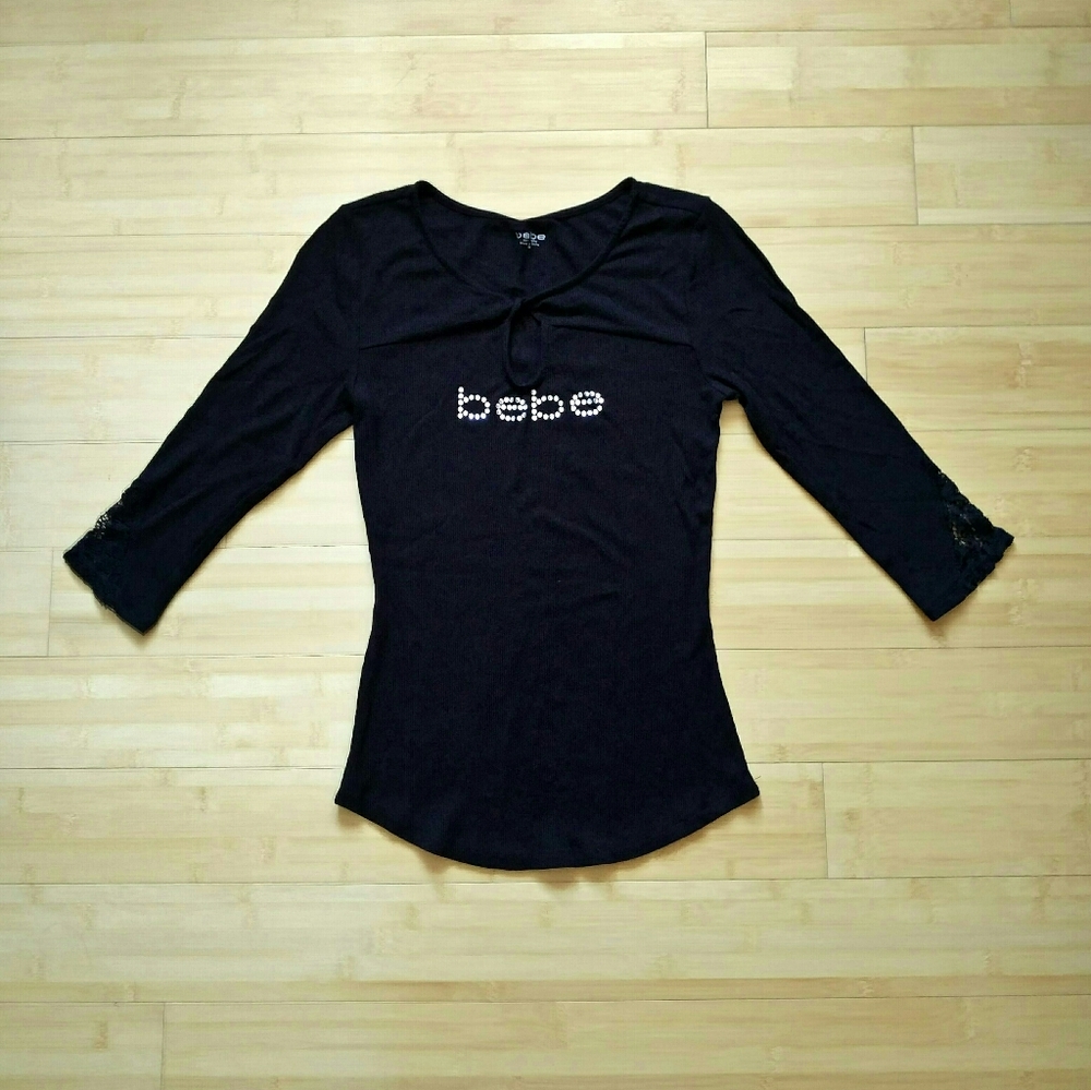 Bebe Ribbed & Lace Swarovski Logo Keyhole Top - Picture 2 of 16